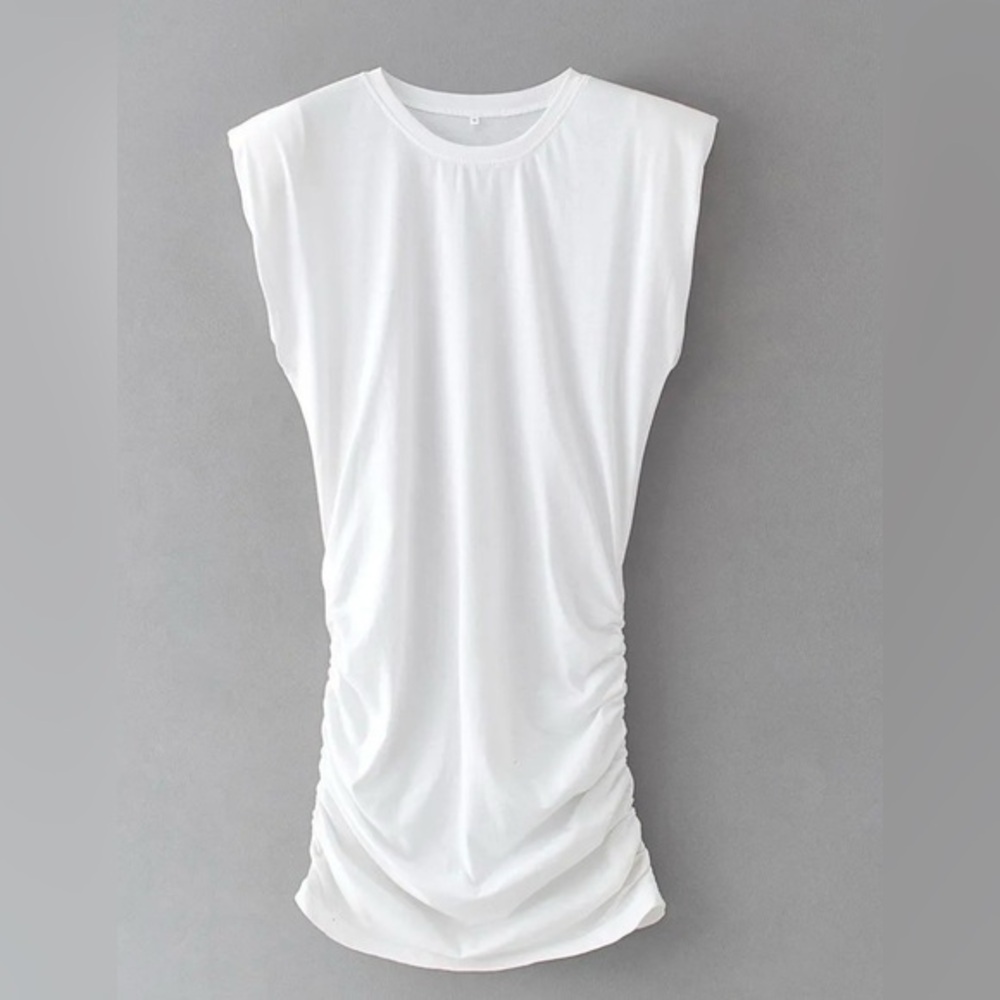 NWT Halston White Mock Neck Shoulder Pad Shirred Sides Cap Sleeve Top XL